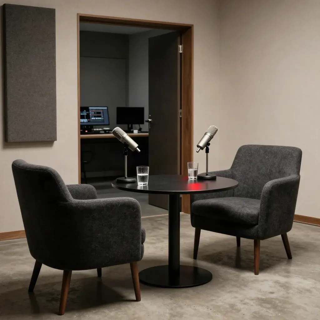 Leeres Gesprächssetup im OPB-Radio-Studio mit zwei Sesseln, Mikrofonen und Wassergläsern.