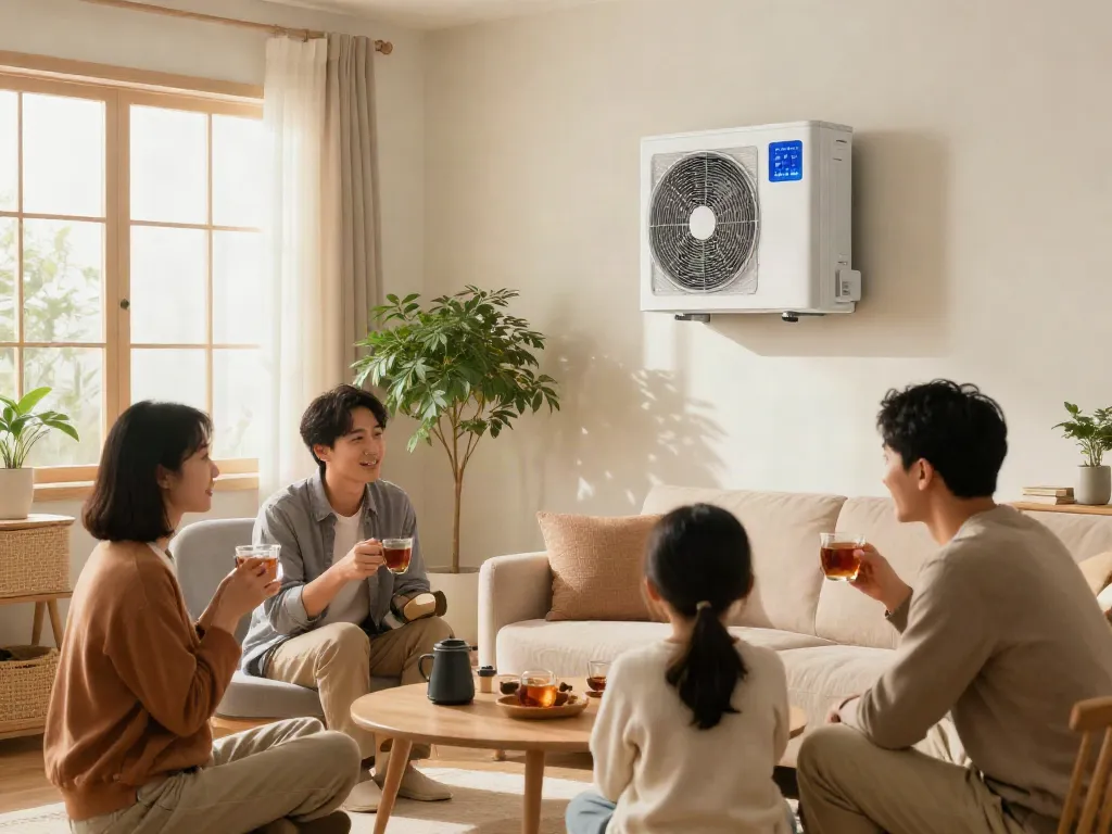 Wärmepumpen im Wohnzimmer: moderne Familie genießt wohlige Wärme und Nachhaltigkeit.